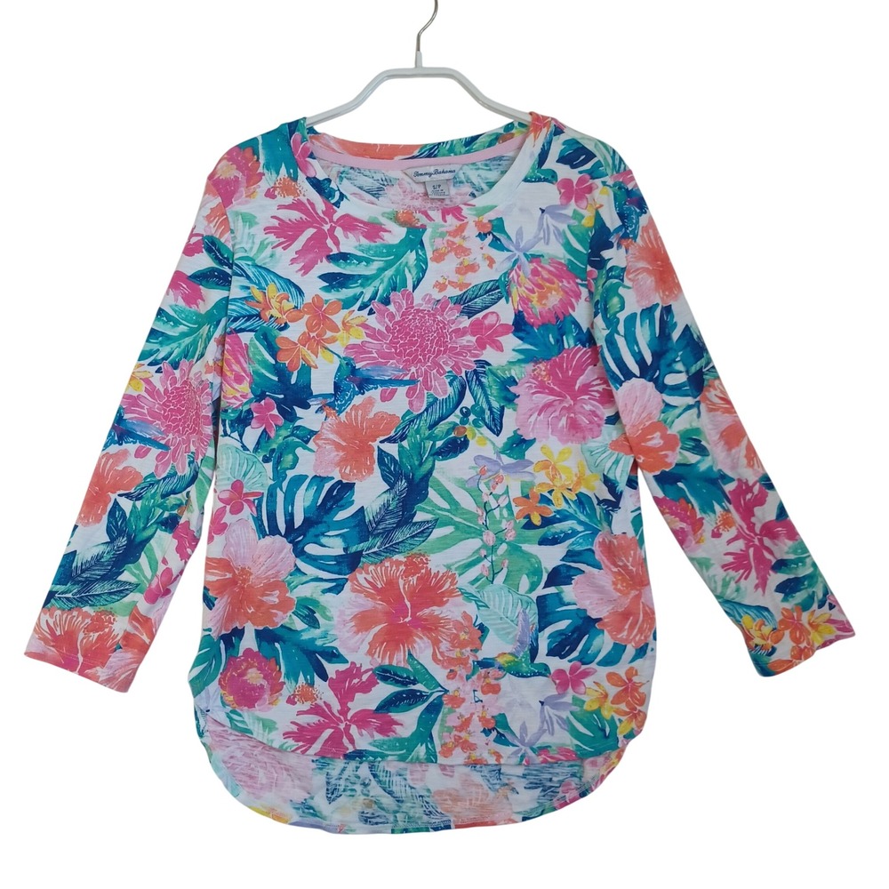 Tommy Bahama Womens Small Tropical Floral Hummingbird Cotton Long Sleeve Tee